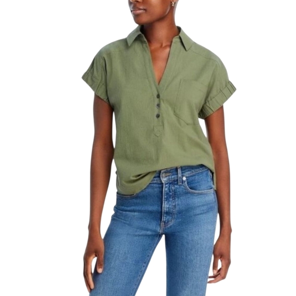 Veronica Beard Almera Shirt Olive Green Short Sleeve Collared Button VNeck Small - Picture 2 of 8